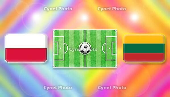 Poland and Lithuania flags face off across a vivid football pitch with a centered ball, illustrating an intense international match moment against a bright, colorful backdrop, created using generative AI tools, AI generated [IBR124642054]