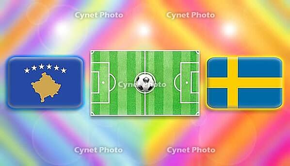 Kosovo and Sweden flags face off across a vivid green football pitch with a central ball, set against a colorful radiant background, symbolizing an exciting international soccer clash, created using generative AI tools, AI generated [IBR124642055]