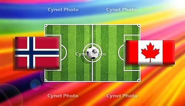 Vivid digital illustration of a soccer clash between Norway and Canada flags positioned on a lush green pitch with a central ball, set against a radiant rainbow gradient background that captures motion, rivalry, and global football excitement created usin [IBR124642056]