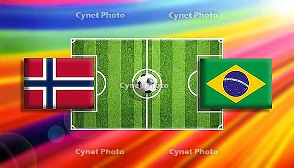Vibrant digital illustration of a soccer showdown between Norway and Brazil flags placed on a bright green pitch with a central ball, surrounded by a radiant rainbow gradient background symbolizing motion, passion, and global football rivalry created usin [IBR124642057]
