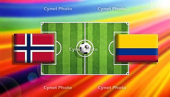 Vibrant digital illustration of a soccer clash between Norway and Colombia flags placed on a bright green pitch with a centered ball, set against a radiant rainbow gradient background expressing motion, rivalry, and global football excitement created usin [IBR124642058]