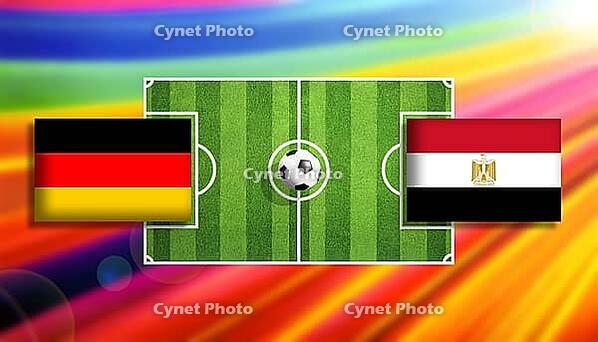 Germany and Egypt flags face off across a central soccer ball on a vivid green pitch with radiant rainbow light streaks, portraying an intense international football clash, created using generative AI tools, AI generated [IBR124642059]