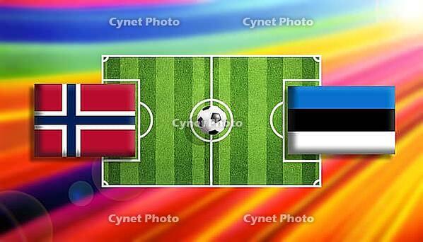 Vivid digital illustration of a soccer faceoff between Norway and Estonia flags on a bright green pitch with a centered ball, framed by a radiant rainbow gradient background that conveys motion, rivalry, and global football energy created using generative [IBR124642061]