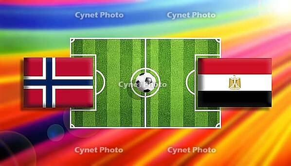 Striking digital illustration of a soccer faceoff between Norway and Egypt flags on a vivid green pitch with a centered ball, set against a radiant rainbow gradient background that conveys motion, rivalry, and global football excitement created using gene [IBR124642062]