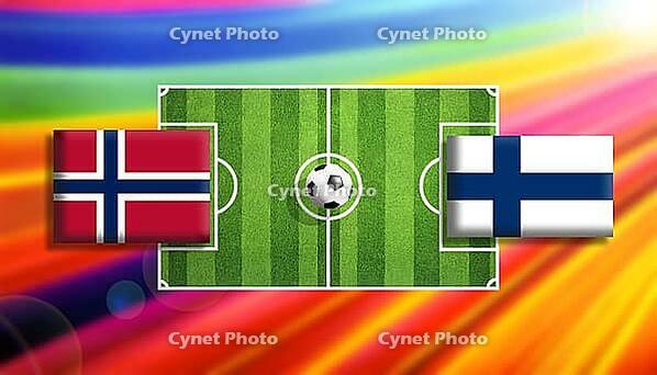 Dynamic digital illustration of a Nordic soccer showdown between Norway and Finland flags on a vivid green pitch with a centered ball, set against a radiant rainbow gradient background expressing motion, rivalry, and international football energy created  [IBR124642066]