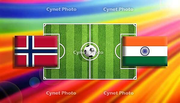 Vivid digital illustration of a soccer faceoff between Norway and India flags on a bright green pitch with a centered ball, framed by a radiant rainbow gradient background symbolizing motion, rivalry, and global football excitement created using generativ [IBR124642068]