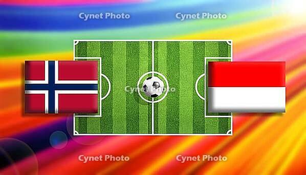 Vivid digital illustration of a soccer showdown between Norway and Indonesia flags placed on a bright green pitch with a centered ball, surrounded by a radiant rainbow gradient background symbolizing motion, rivalry, and global football excitement created [IBR124642069]