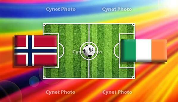 Vivid digital illustration of a soccer faceoff between Norway and Ireland flags on a bright green pitch with a centered ball, set against a radiant rainbow gradient background symbolizing motion, rivalry, and global football excitement created using gener [IBR124642070]