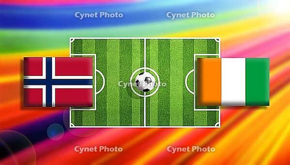 Bright digital illustration of a football matchup between Norway and Ivory Coast flags facing off on a lush green soccer field with a central ball, set against a vivid rainbow gradient background conveying energy, competition, and global sports unity crea [IBR124642072]