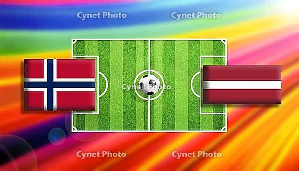 Striking football matchup illustration with Norway and Latvia flags facing each other across a vivid green soccer pitch and central ball, framed by a radiant rainbow gradient background, expressing global competition, motion, and international sports ener [IBR124642073]