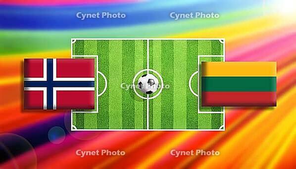 Bold football matchup illustration featuring Norway and Lithuania flags facing off across a vivid green soccer pitch with a central ball, set against a radiant rainbow gradient background, capturing motion, rivalry, and global sporting spirit created usin [IBR124642074]