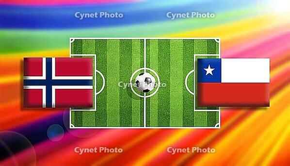 Vivid digital illustration of a soccer matchup between Norway and Chile flags facing off on a bright green pitch with a central ball, set against a radiant rainbow gradient background symbolizing motion, rivalry, and global football energy created using g [IBR124642075]