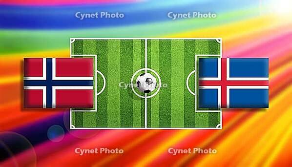 Dynamic digital illustration of a Nordic soccer clash between Norway and Iceland flags on a vivid green pitch with a centered ball, framed by a radiant rainbow gradient background expressing motion, rivalry, and global football energy created using genera [IBR124642077]