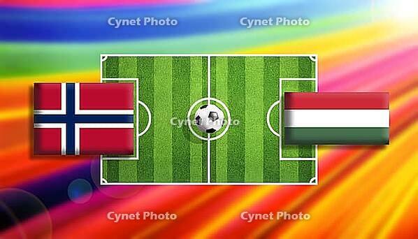 Vivid digital illustration of a soccer faceoff between Norway and Hungary flags on a bright green pitch with a centered ball, set against a radiant rainbow gradient background expressing motion, rivalry, and global football excitement created using genera [IBR124642078]