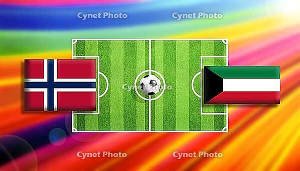 Vivid football showdown illustration with Norway and Kuwait flags facing off across a detailed green soccer pitch and centered ball, set against a radiant rainbow gradient background, symbolizing international competition, energy, and global sports unity  [IBR124642079]