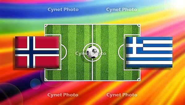 Vivid digital illustration of a soccer clash between Norway and Greece flags positioned on a bright green pitch with a central ball, set against a radiant rainbow gradient background expressing motion, rivalry, and global football excitement created using [IBR124642081]