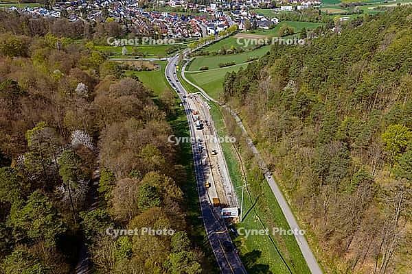 View of road works in rural, wooded area from above, construction of bicycle path, Aidlingen, Böblingen district, Germany [IBR124642858]