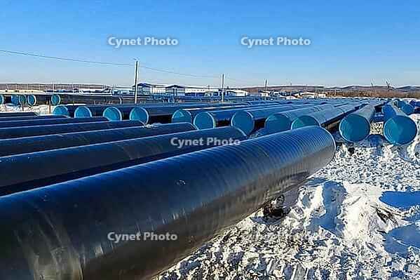 Storage of new gas pipes on an open-air site in the snow. Prepared drubs for laying an oil pipeline [IBR124748917]