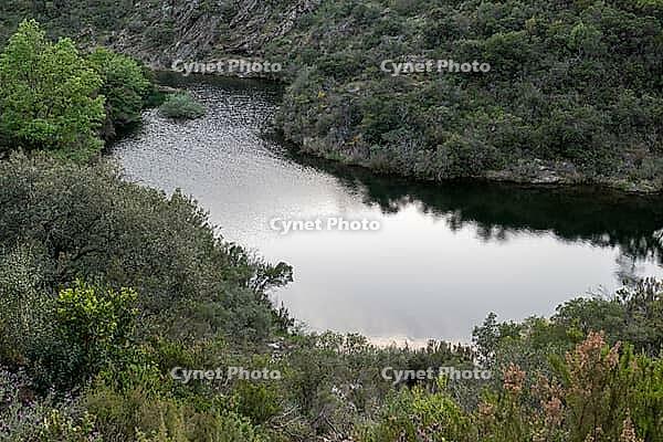 Curved reservoir water bordered by maquis shrubs and rocky slopes [IBR124748934]