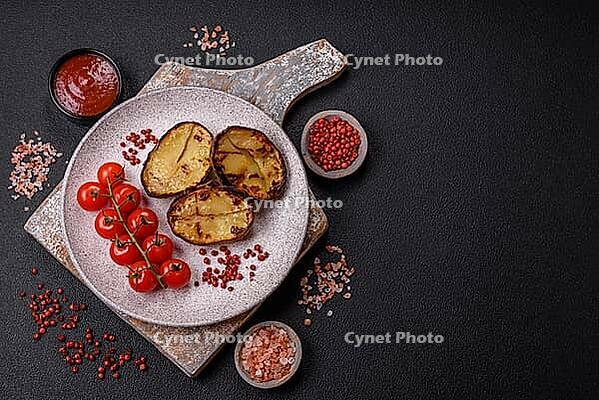 Food, Delicious potato halves in skins baked on the grill with salt, spices and herbs [IBR124773751]