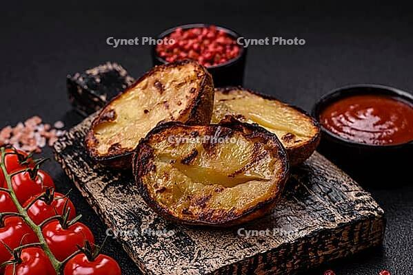 Food, Delicious potato halves in skins baked on the grill with salt, spices and herbs [IBR124773753]