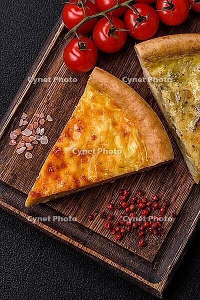 Food, Delicious quiche with broccoli, chicken or salmon and cheese with salt and spices on a dark concrete background [IBR124773762]