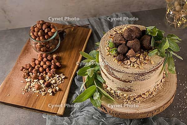Delicious naked coffee and hazelnuts cake on table rustic wood kitchen countertop [IBR124817935]