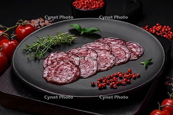 Food, Delicious smoked sausage with bacon, salt, spices and herbs cut into slices on a wooden cutting board [IBR124842014]