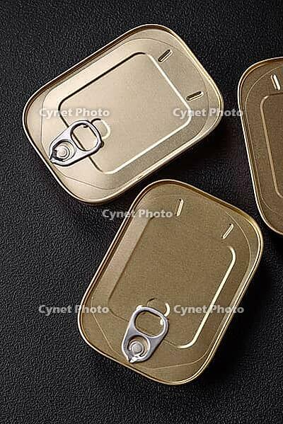 Food, Tin or aluminum rectangular can of canned food with a key on a dark concrete background [IBR124842044]