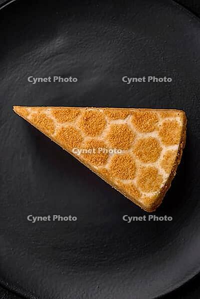 Food, Delicious fresh sweet honey cake layer cake with white cream on textured concrete background [IBR124842107]