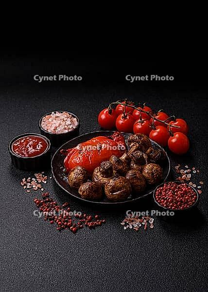 Grilled mushroom pieces, a vegetarian healthy meal with sauce. Barbecue mushroom halves as a food backdrop for your design [IBR124865233]