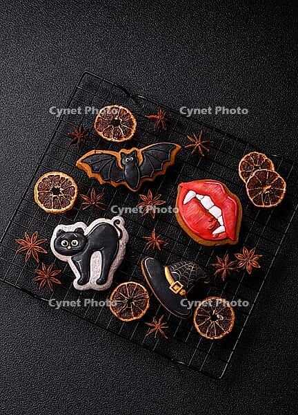 Halloween cookies, sweets, or gingerbread, a cat, a bat, and a hat. Halloween cookies as a backdrop for your design [IBR124865242]