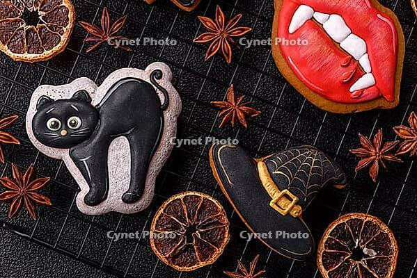Halloween cookies, sweets, or gingerbread, a cat, a bat, and a hat. Halloween cookies as a backdrop for your design [IBR124865245]