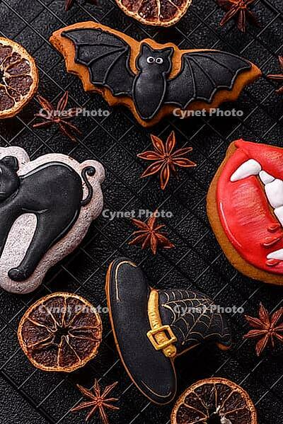 Halloween cookies, sweets, or gingerbread, a cat, a bat, and a hat. Halloween cookies as a backdrop for your design [IBR124865257]