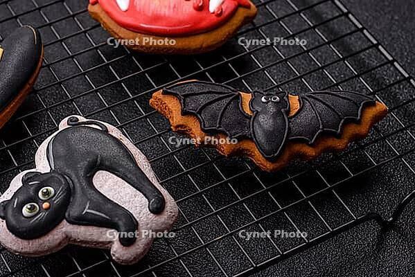 Halloween cookies, sweets, or gingerbread, a cat, a bat, and a hat. Halloween cookies as a backdrop for your design [IBR124865259]