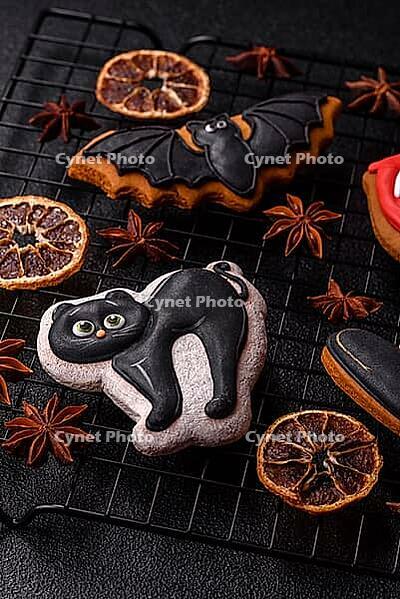 Halloween cookies, sweets, or gingerbread, a cat, a bat, and a hat. Halloween cookies as a backdrop for your design [IBR124865263]