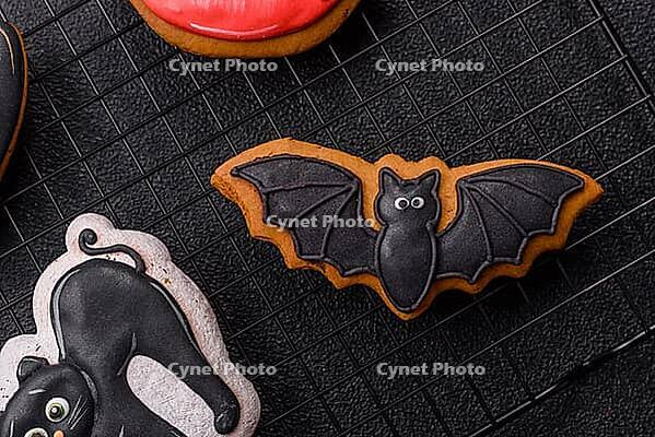 Halloween cookies, sweets, or gingerbread, a cat, a bat, and a hat. Halloween cookies as a backdrop for your design [IBR124865264]