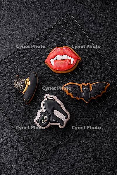 Halloween cookies, sweets, or gingerbread, a cat, a bat, and a hat. Halloween cookies as a backdrop for your design [IBR124865266]