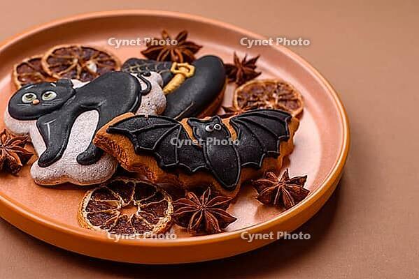 Halloween cookies, sweets, or gingerbread, a cat, a bat, and a hat. Halloween cookies as a backdrop for your design [IBR124865267]