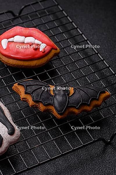 Halloween cookies, sweets, or gingerbread, a cat, a bat, and a hat. Halloween cookies as a backdrop for your design [IBR124865269]