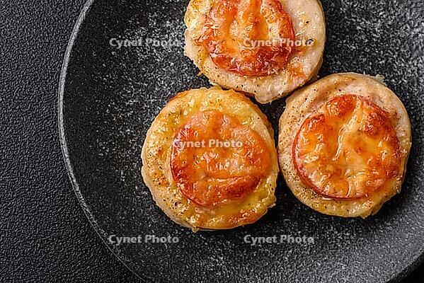 Round fish or chicken cutlets baked with tomato and cheese. Fish cutlets as a food backdrop for your design [IBR124865304]