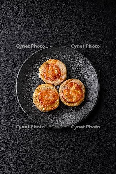 Round fish or chicken cutlets baked with tomato and cheese. Fish cutlets as a food backdrop for your design [IBR124865306]