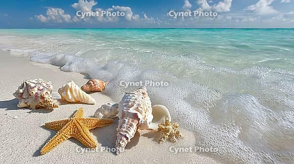 Shells and starfish on the beach, generative AI, AI generated [IBR124891308]