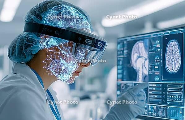 Symbolic photo, use of technology and artificial intelligence in medicine and research, for diagnosis, analysis, treatment, technology innovation, generative AI, AI generated [IBR124891311]