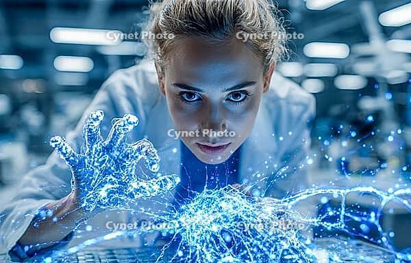Symbolic photo, use of technology and artificial intelligence in medicine and research, for diagnosis, analysis, treatment, technology innovation, generative AI, AI generated [IBR124891313]