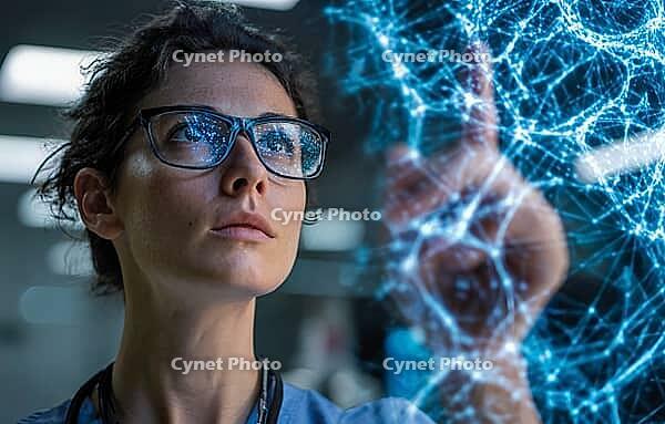 Symbolic photo, use of technology and artificial intelligence in medicine and research, for diagnosis, analysis, treatment, technology innovation, generative AI, AI generated [IBR124891318]