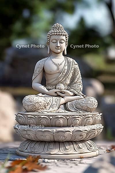Traditional Buddha statue in a garden, Buddhism, meditation, generative AI, AI generated [IBR124891321]