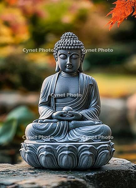 Traditional Buddha statue in a garden, Buddhism, meditation, generative AI, AI generated [IBR124891322]