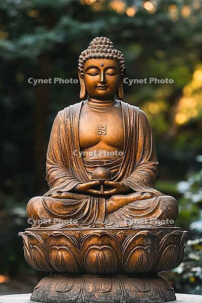 Traditional Buddha statue in a garden, Buddhism, meditation, generative AI, AI generated [IBR124891323]