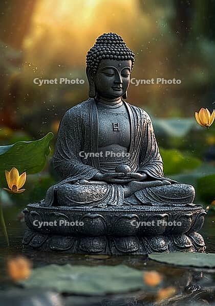 Traditional Buddha statue in a garden, Buddhism, meditation, generative AI, AI generated [IBR124891324]